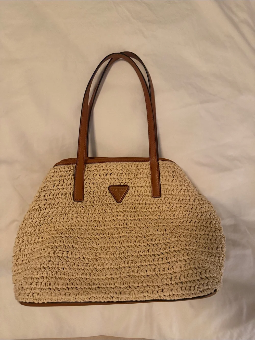 GUESS Vikky 2 in 1 Brown Leather-Trim Straw Tote with Matching Brown Pouch